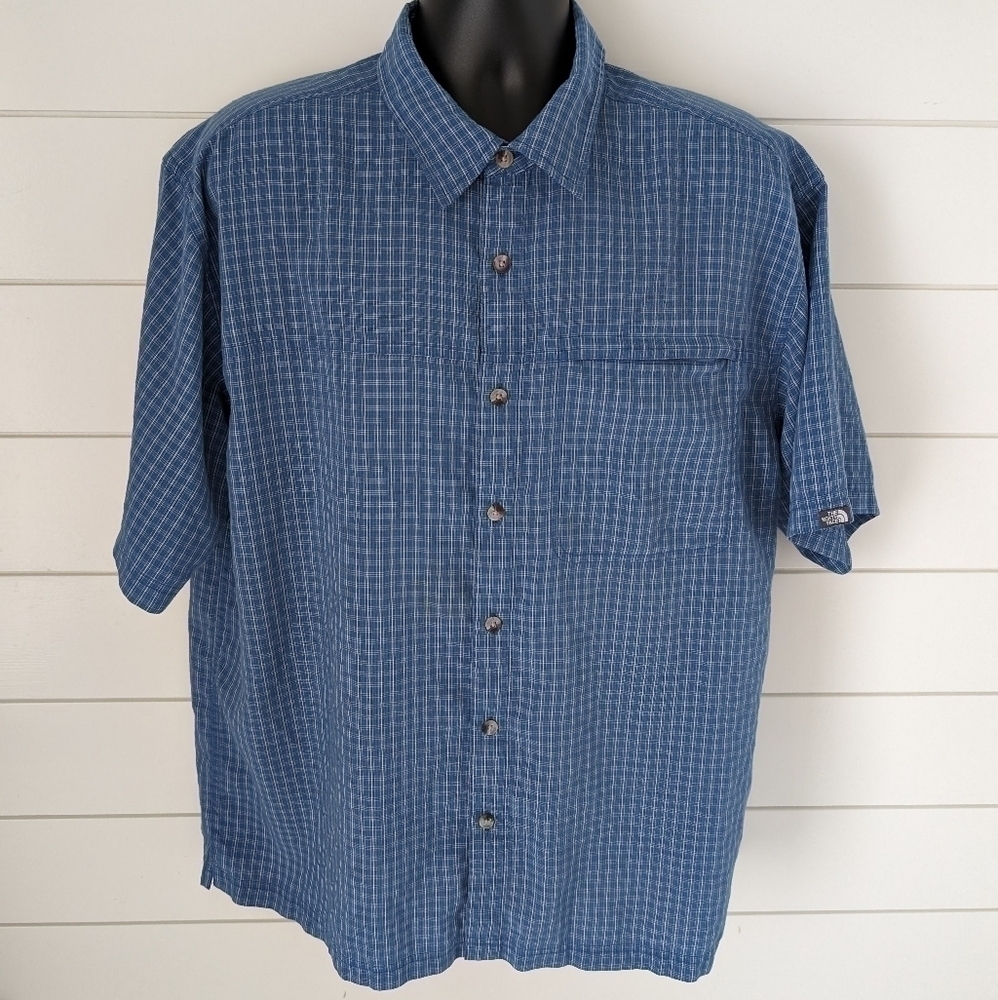 North Face Short Sleeve Button Up Shirt Men's XL Blue Plaid